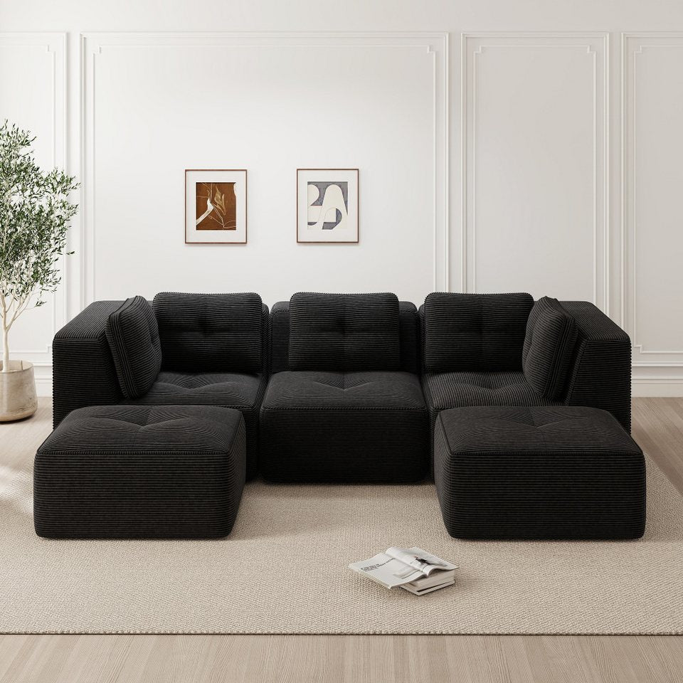 Rahmenloses Cord Ecksofa BONELESS in Schwarz mit Ottomane