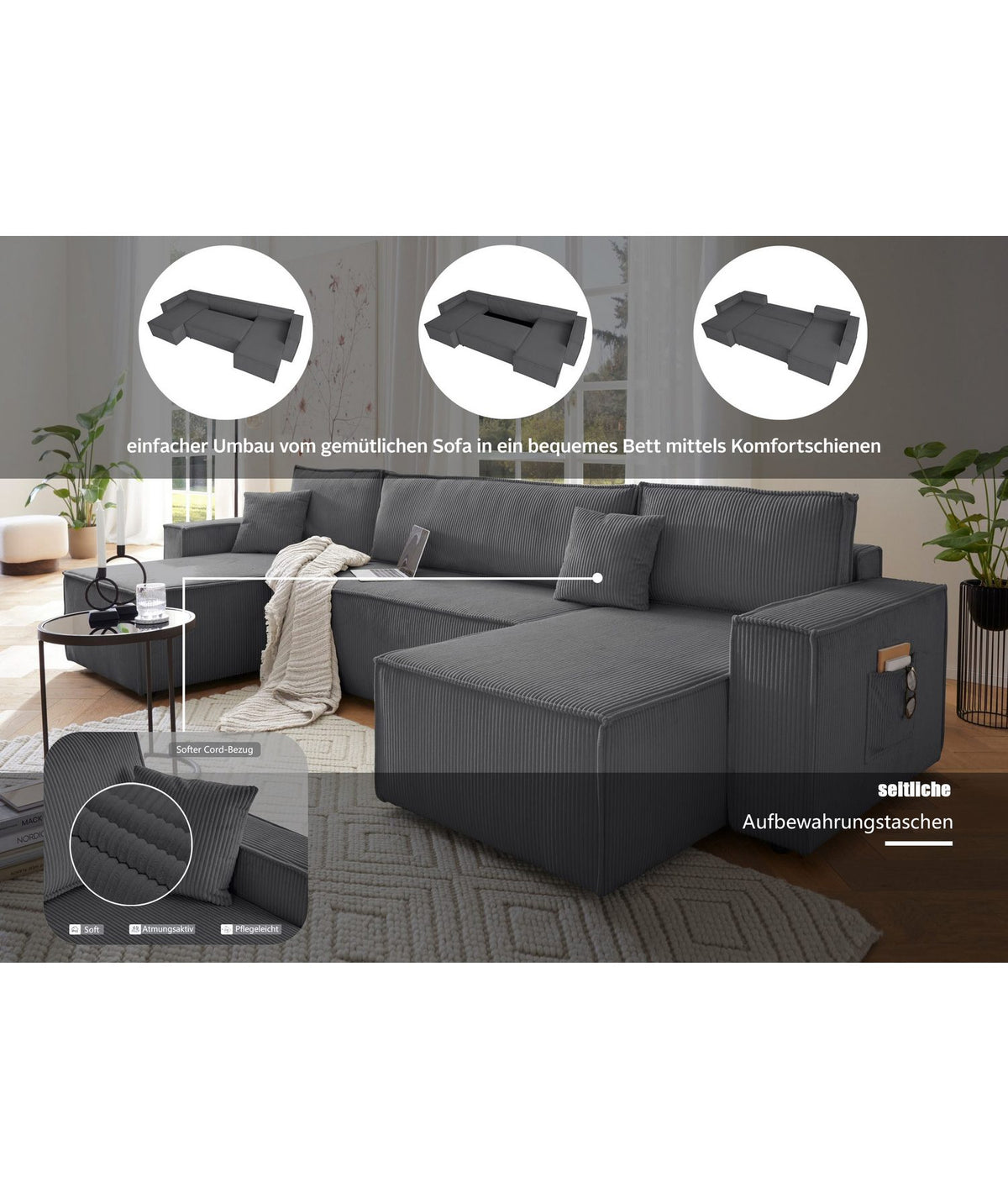 Detail des anthrazitfarbenen Cord-Bezugs mit Keder