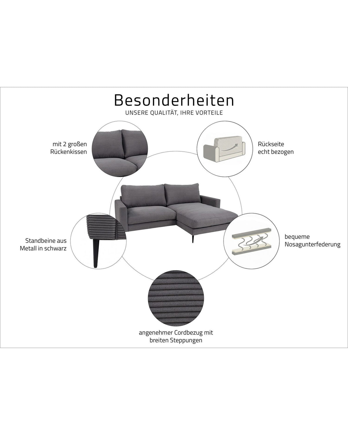 Cord Ecksofa NORDVIK in Grau Ansicht 3