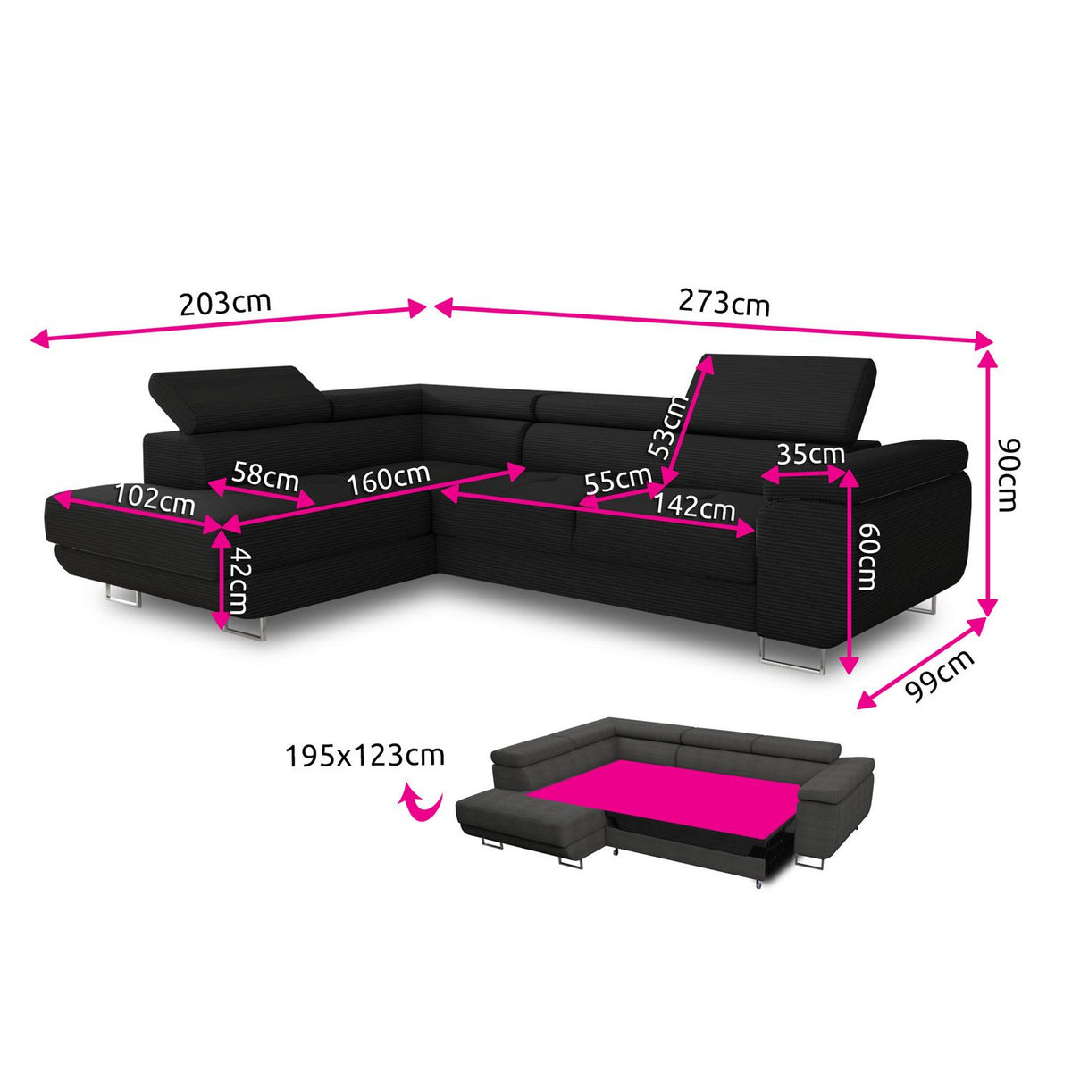 Metallfuesse des Cord Ecksofas Caris