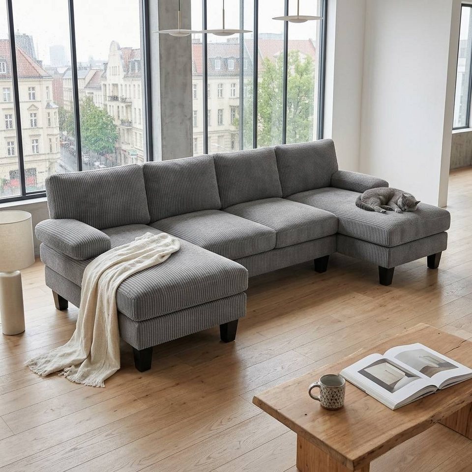 Cord Wohnlandschaft SOFT&COSY XL in Dunkelgrau in U-Form