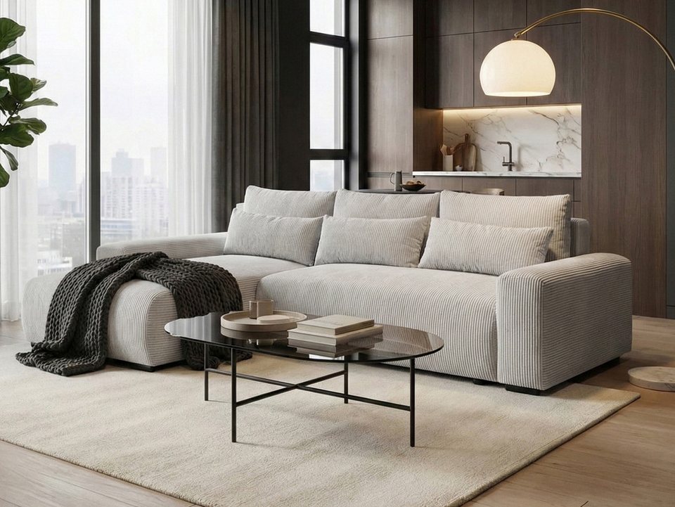 Beautysofa Cord Ecksofa BENNY 271 cm in Beige mit Schlaffunktion