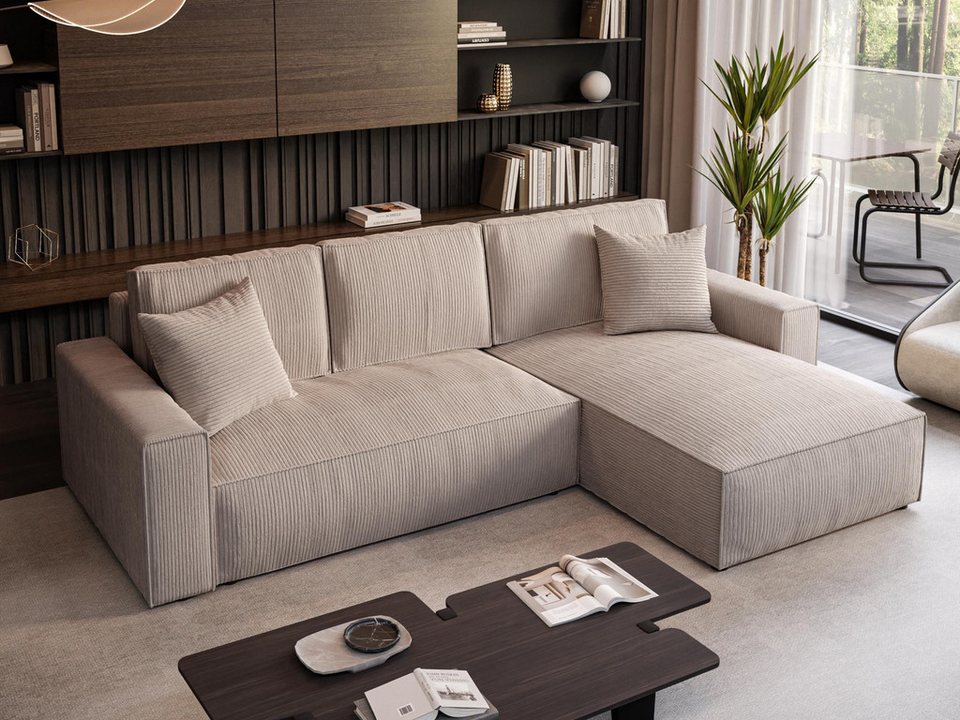 Cord Ecksofa PARYS L in Cappuccino mit Schlaffunktion und Bettkasten