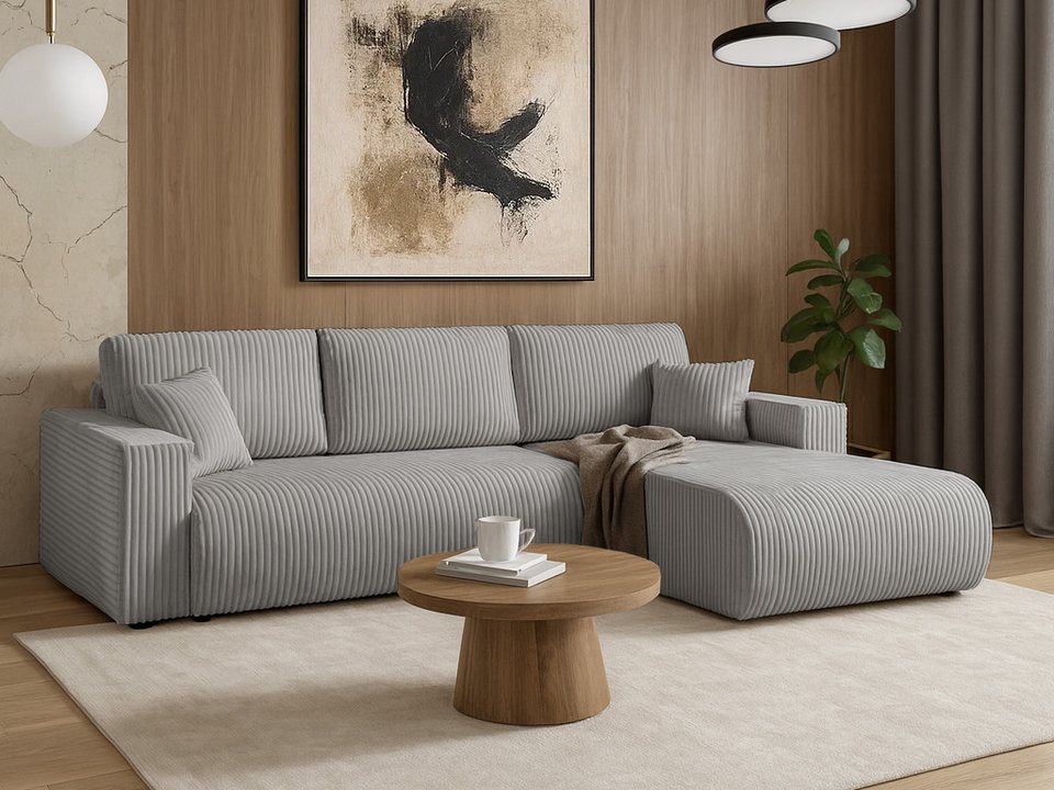 Cord Ecksofa PORTO 288 cm in Hellgrau mit Ottomane und Bettkasten