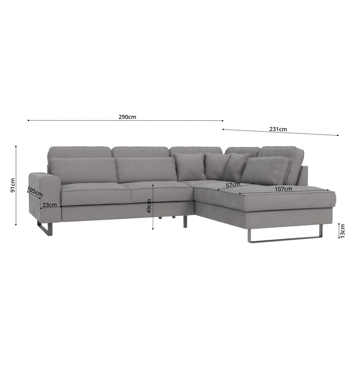 Cord Ecksofa TIDE mit Ottomane und losen Rueckenkissen