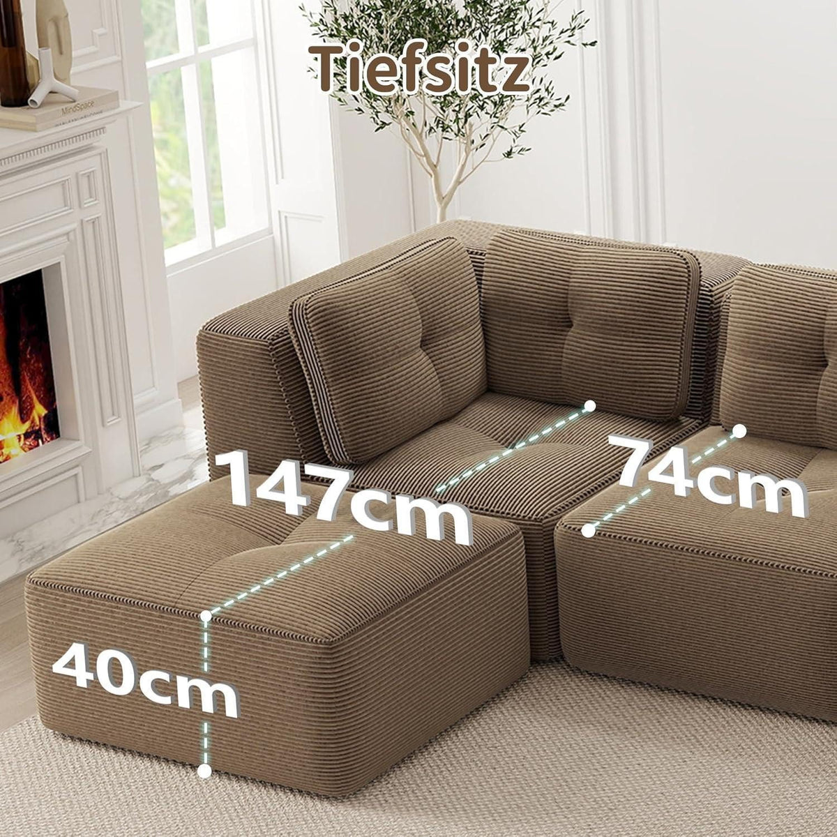 Braunes Cord Ecksofa in L-Form von vorne