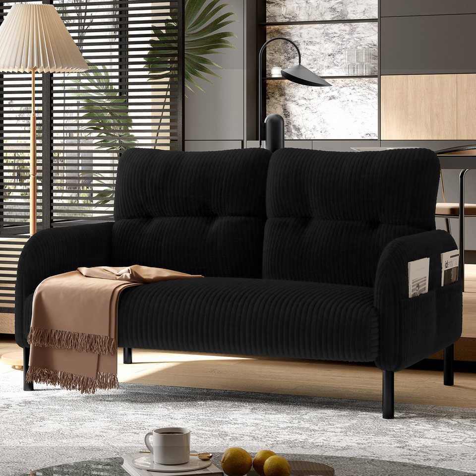 Cord Sofa BLINGBIN in Schwarz als 2-Sitzer mit Seitentaschen
