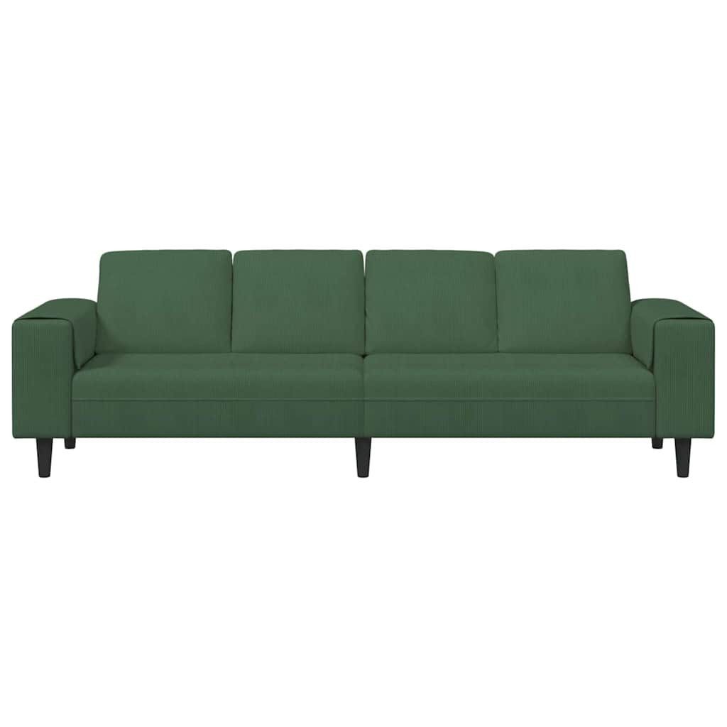 Cord Sofa in Dunkelgrün seitliche Ansicht mit quadratischer Armlehne