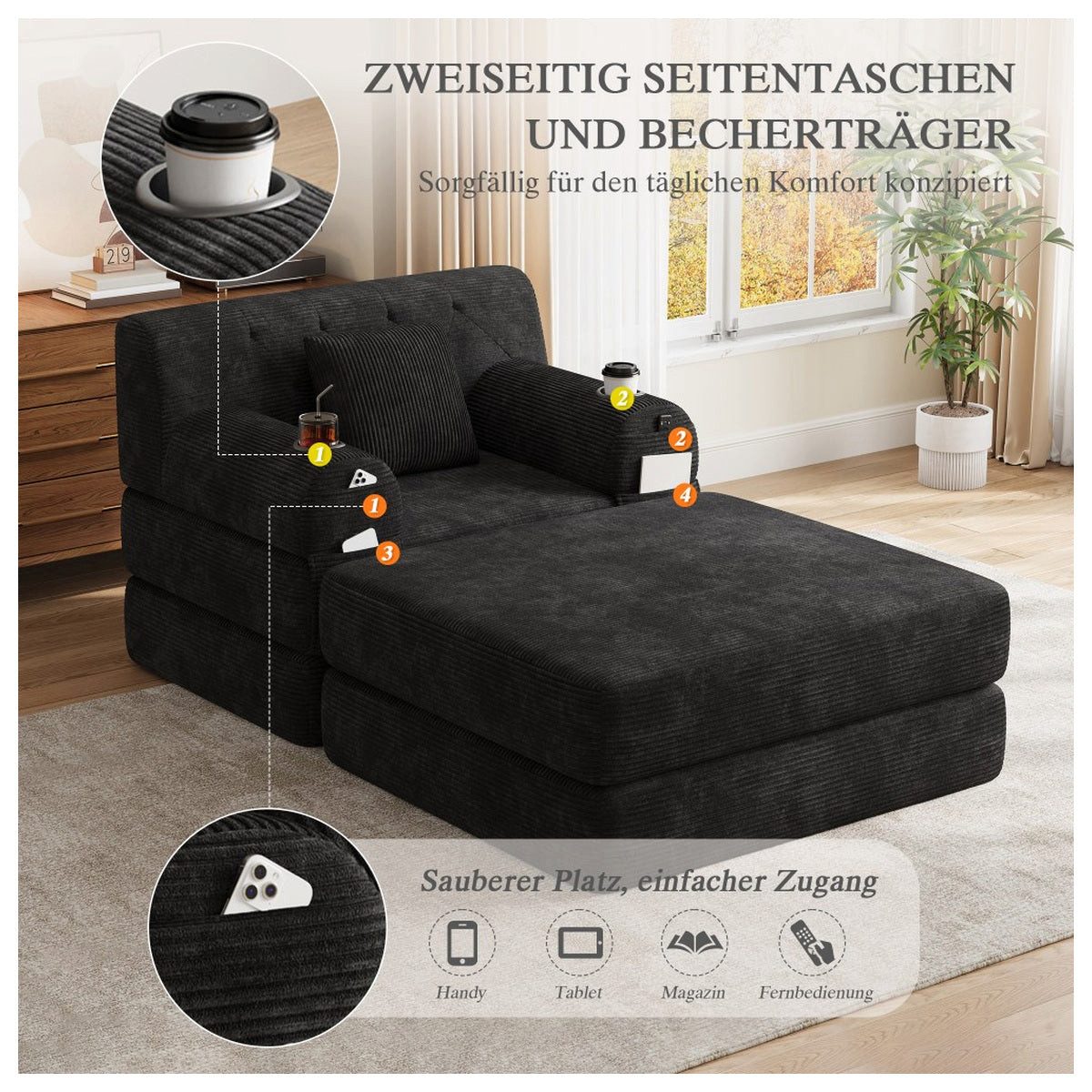 Rückansicht des schwarzen Cord Sofas