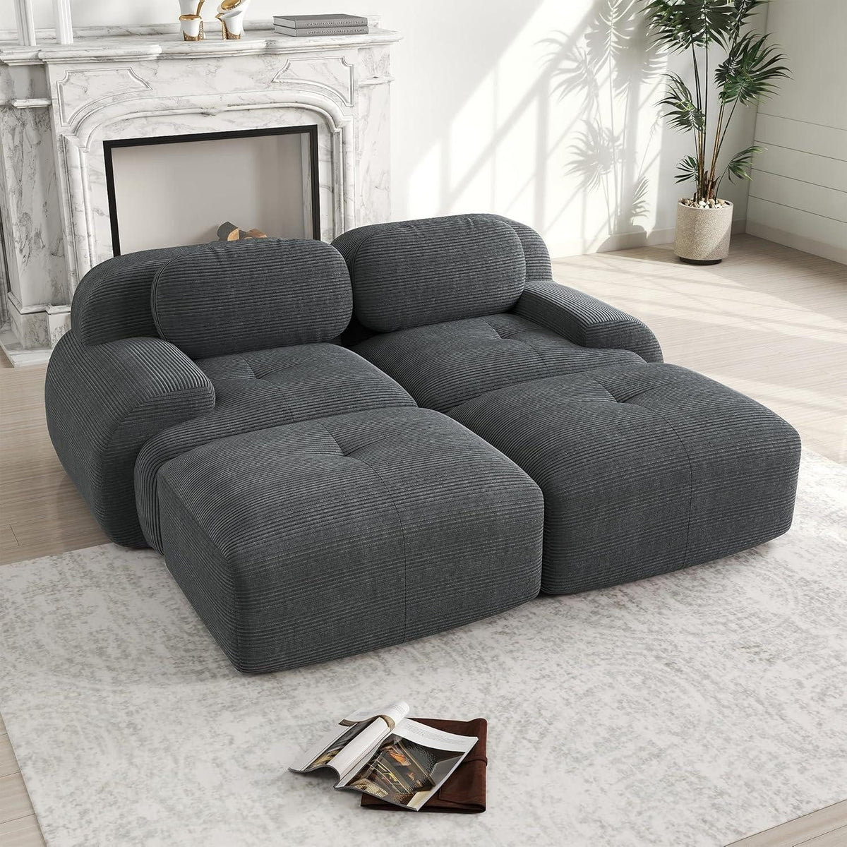 Modulares Cord Ecksofa mit zwei Hockern