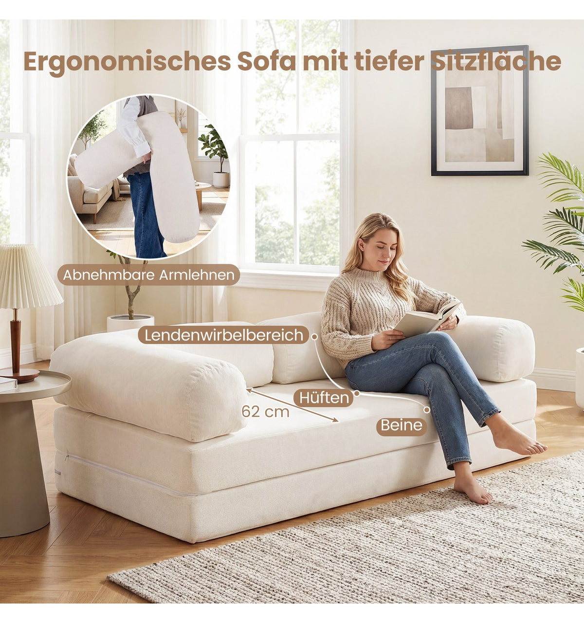 Cord Schlafsofa in Beige Detail der abnehmbaren Armlehne