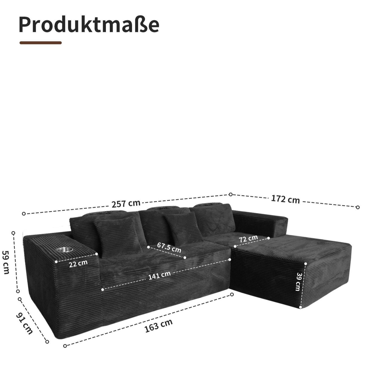 Schwarzes Cord Ecksofa FIVEWILLOWISE in der Frontansicht