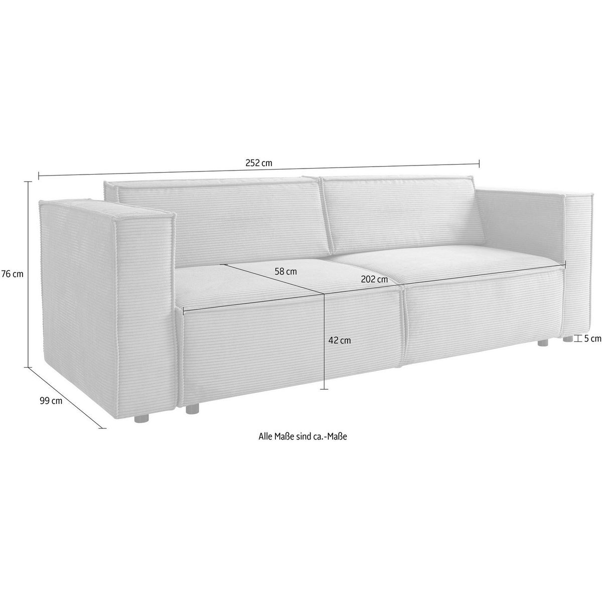 Cord Schlafsofa KANSAS in Beige mit ausgezogener Liegeflaeche