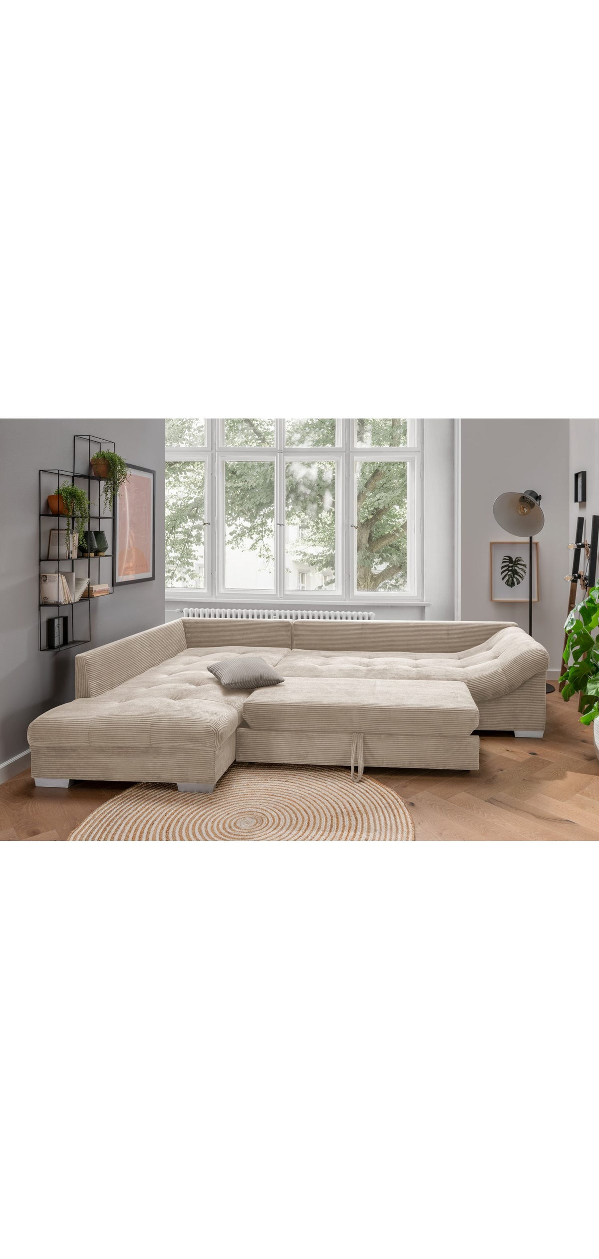 Cord Ecksofa 17204 mit Ottomane links und Zierkissen