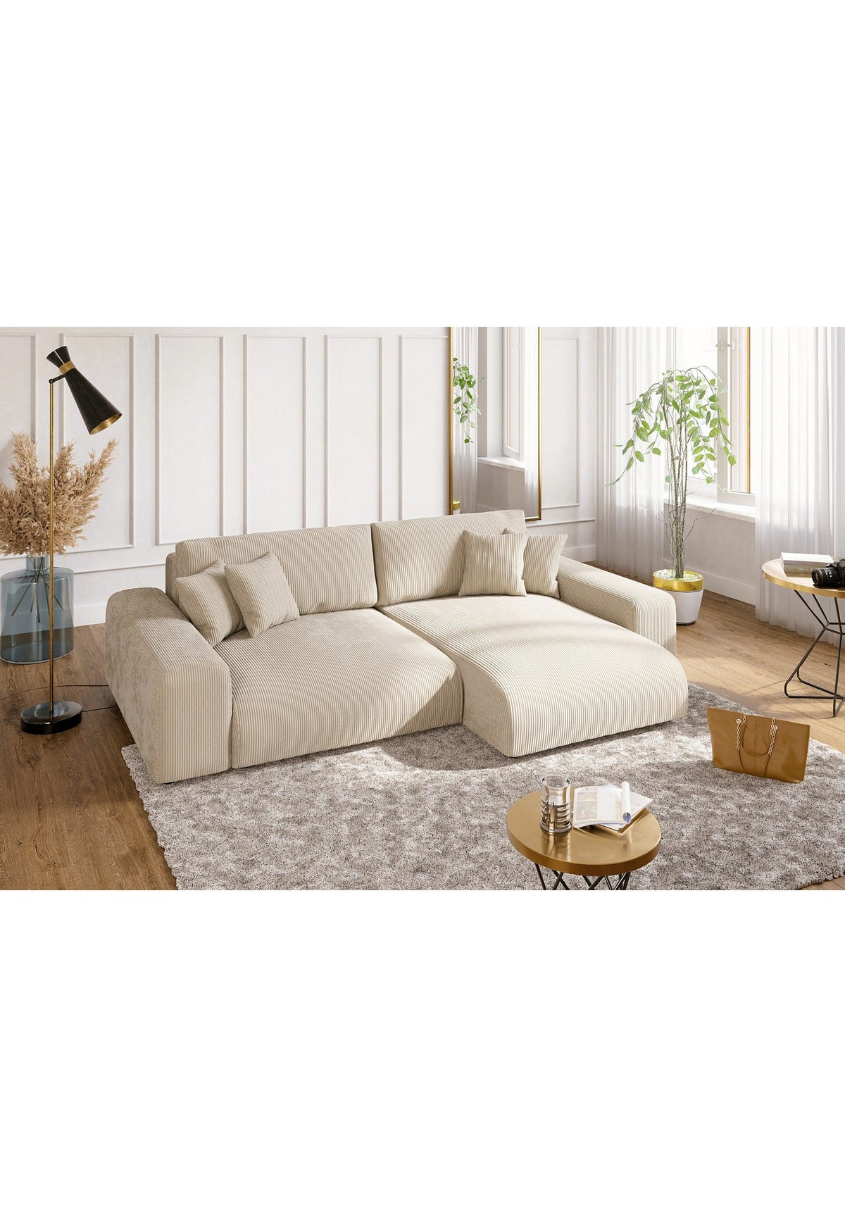 Beiges Cord Ecksofa 21001 im Wohnzimmer