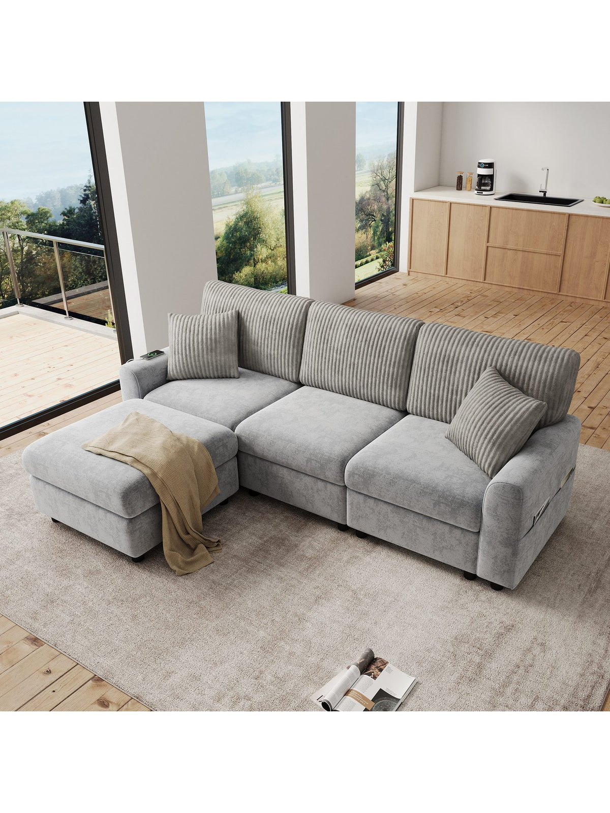 Seitenansicht des Ecksofas MERAX in Grau