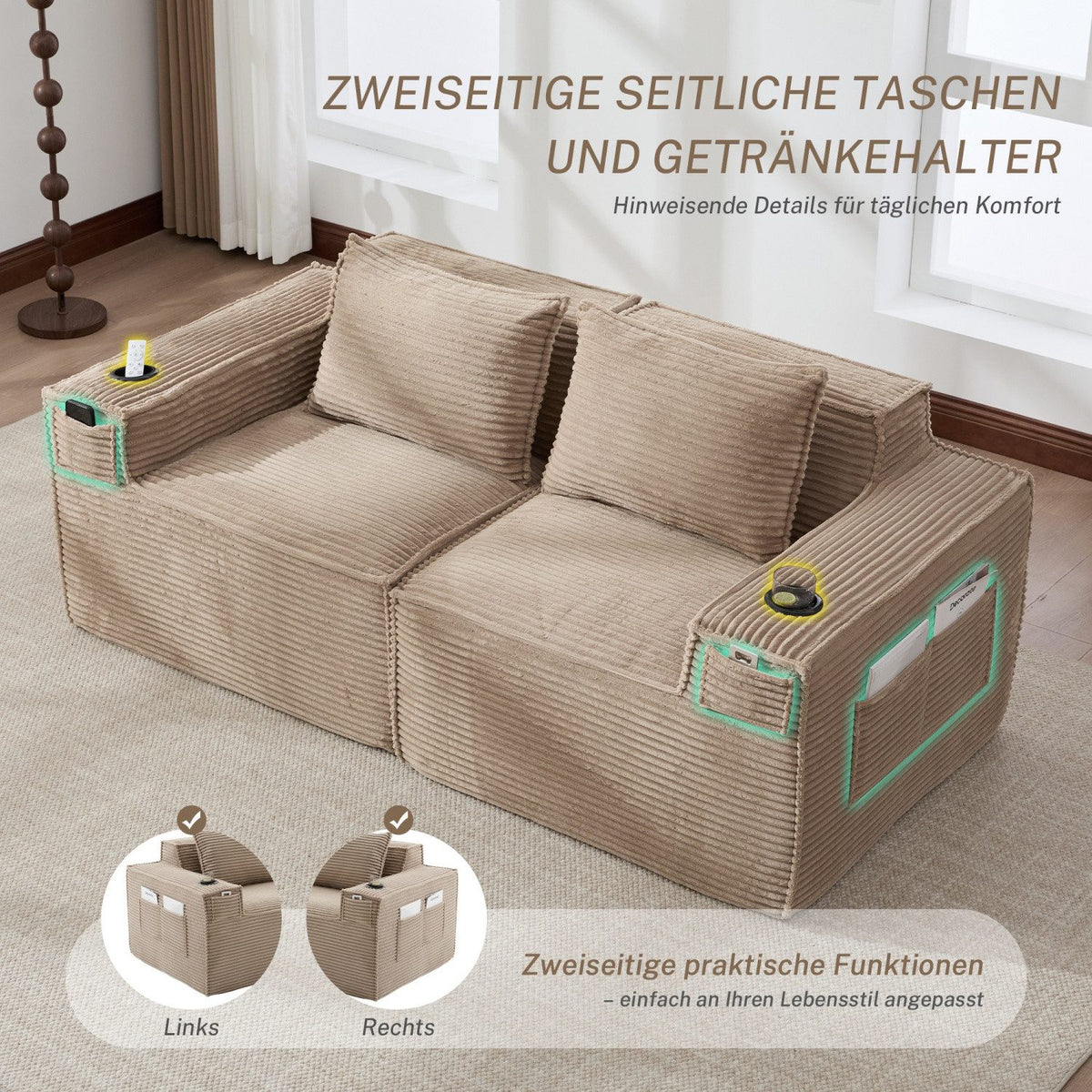Cord Sofa in Khaki mit orthopädischen Rückenkissen