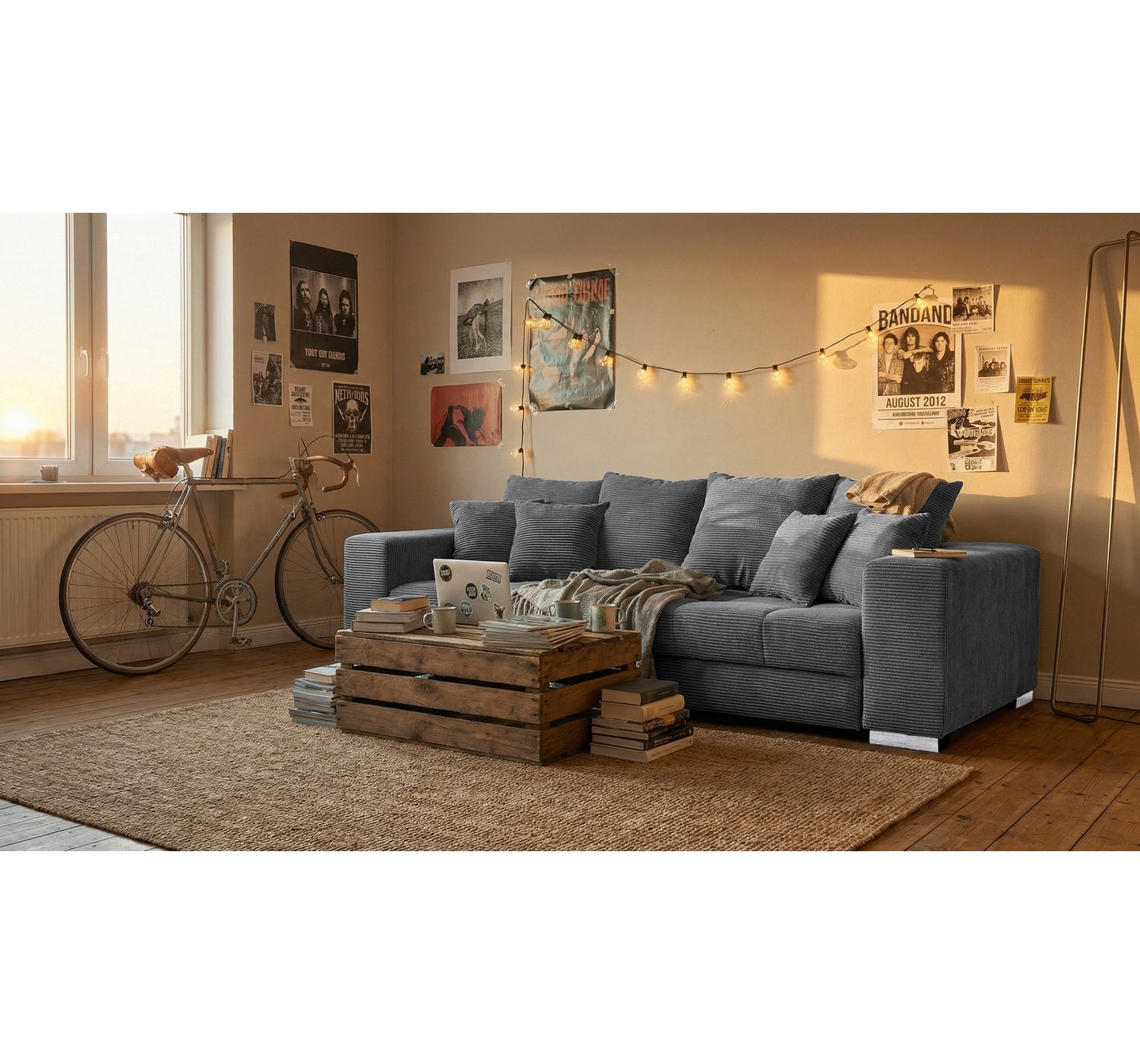 Big Sofa BORNEO in Grau im Wohnzimmer mit Kissen Set