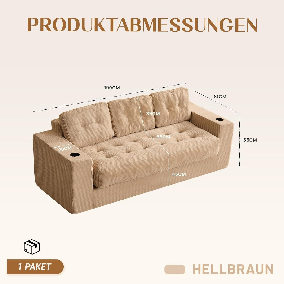 Cord Bodensofa in Hellbraun von vorne