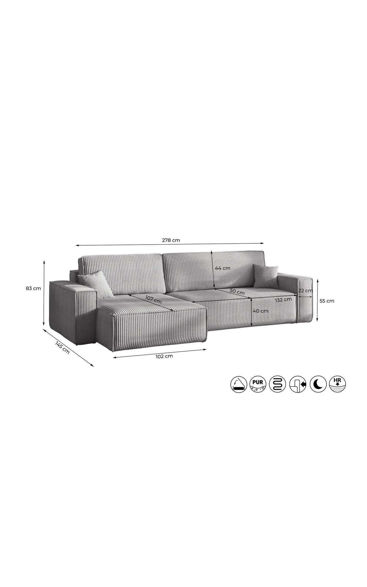 Cord Ecksofa KARL XL frei im Raum gestellt