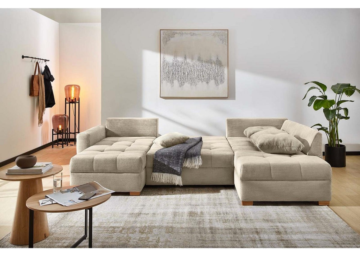 Cord Wohnlandschaft 15218 Beige Grau mit Gaestebettfunktion