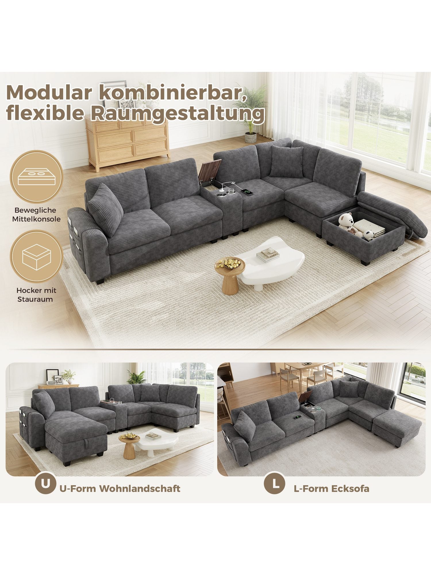 Detailaufnahme des grauen Cordstoffs