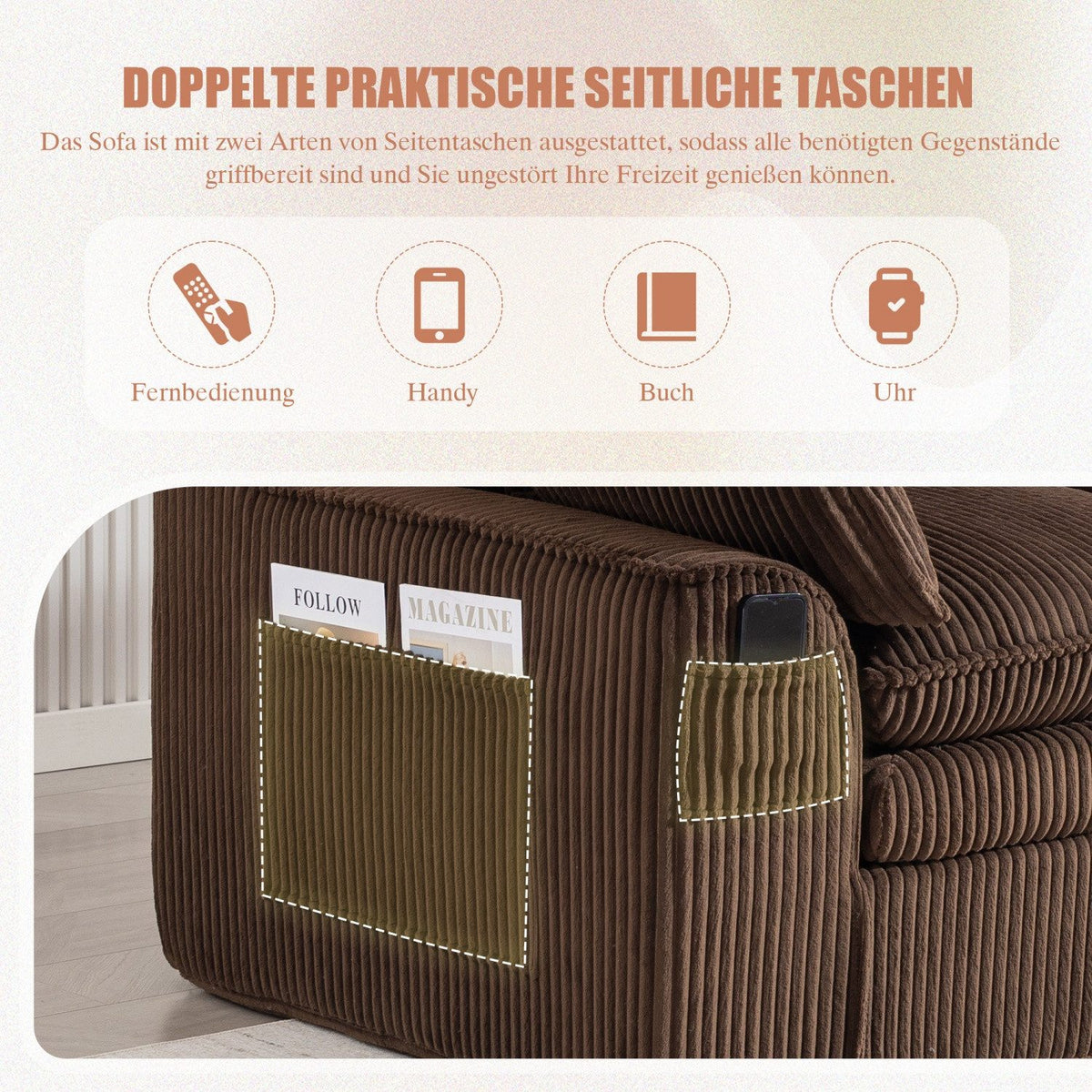 Nahaufnahme des Corduroy Bezugs in Braun
