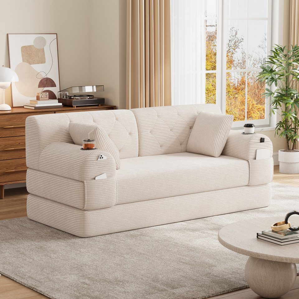 Cord Schlafsofa CELYA in Beige mit hoher Rückenlehne