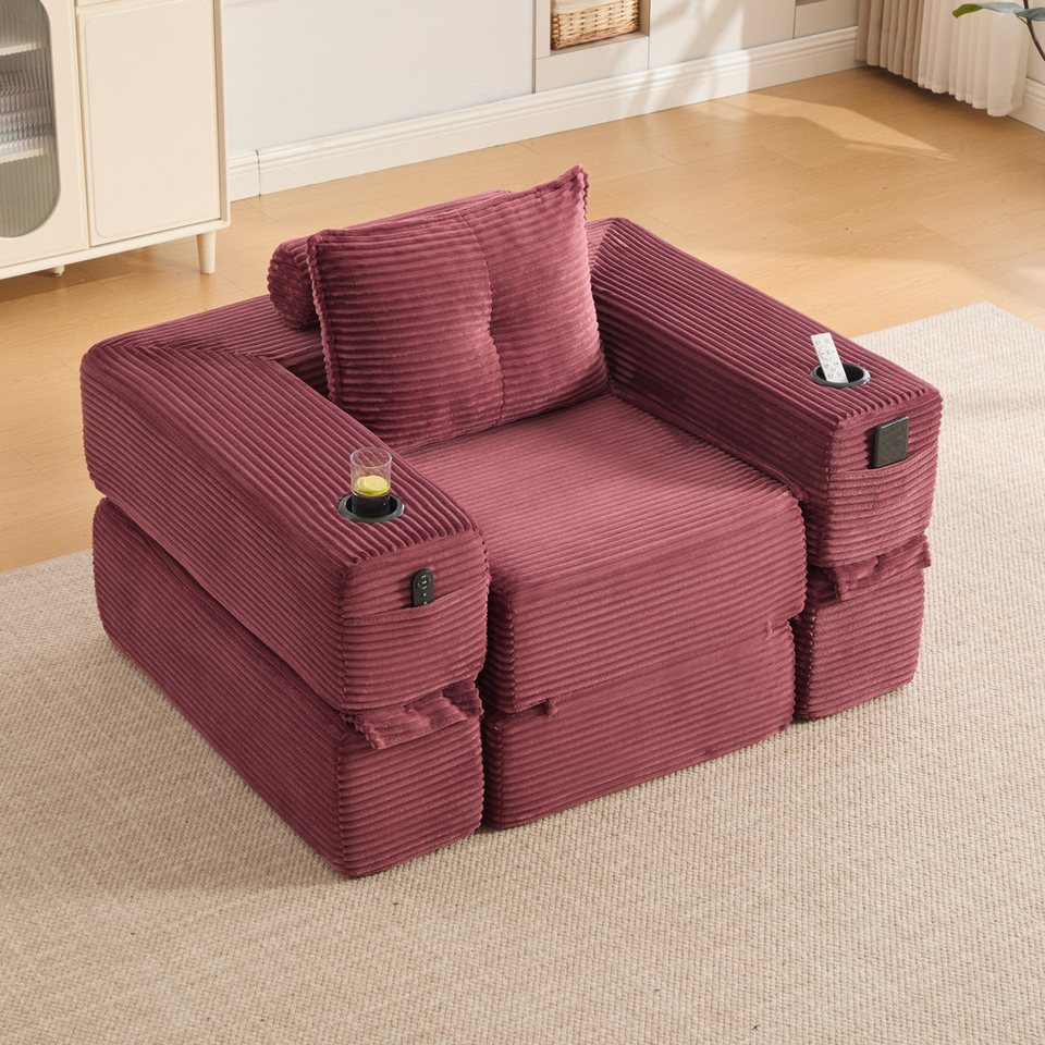 Cord Klappsofa CELYA 122 cm in Weinrot mit Schlaffunktion