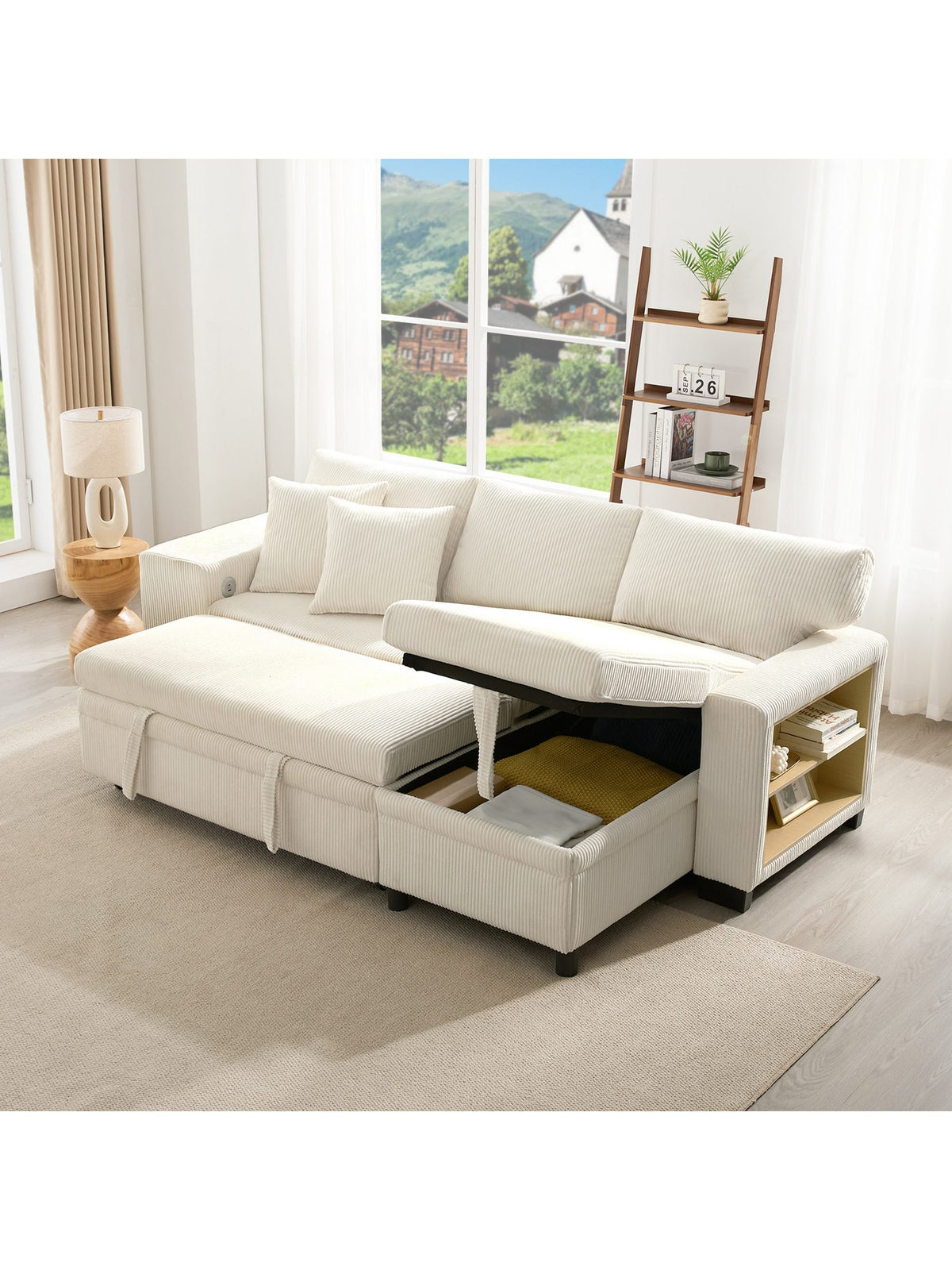 Cord Ecksofa MERAX in Beige seitlich fotografiert