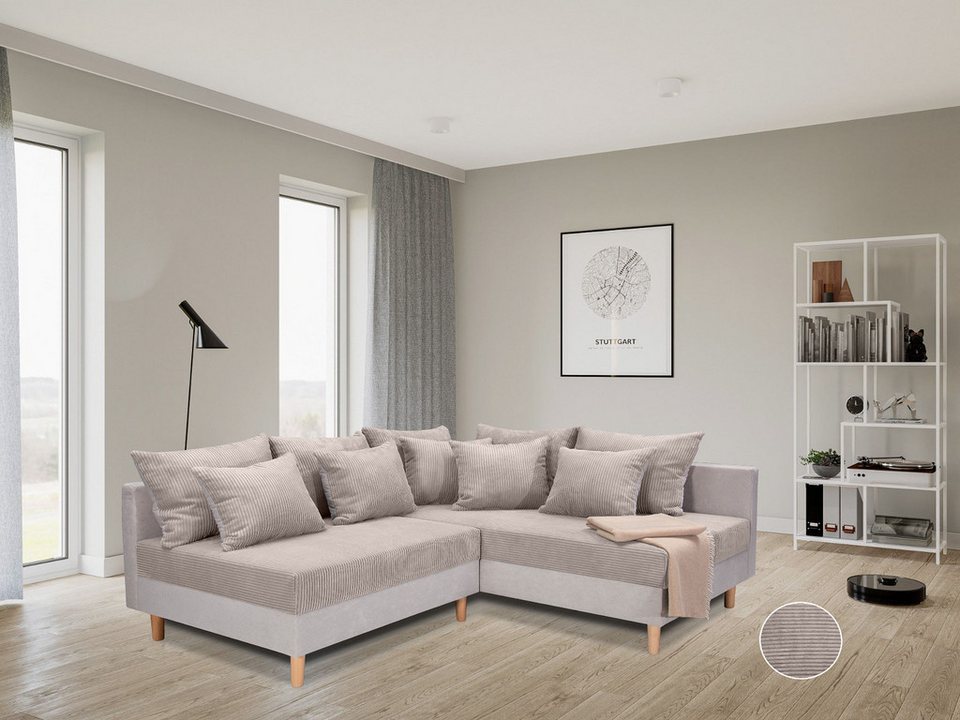 Cord Ecksofa ANTON in Beige mit Ottomane rechts