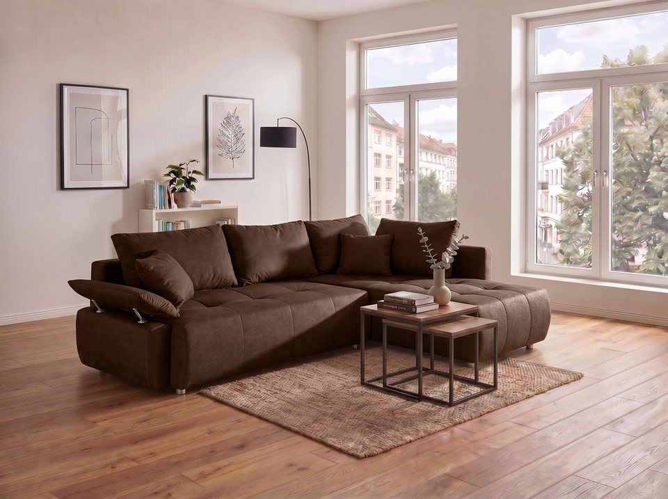 Cord Ecksofa 213 cm in Kaffeebraun mit Ottomane und Bettkasten