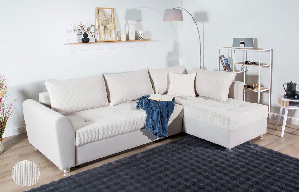 Cord Ecksofa JANA XL in Beige mit Schlaffunktion und Bettkasten