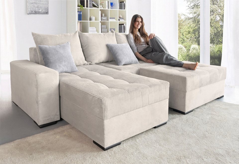 Cord Ecksofa JOSY in Beige mit Ottomane und Schlaffunktion