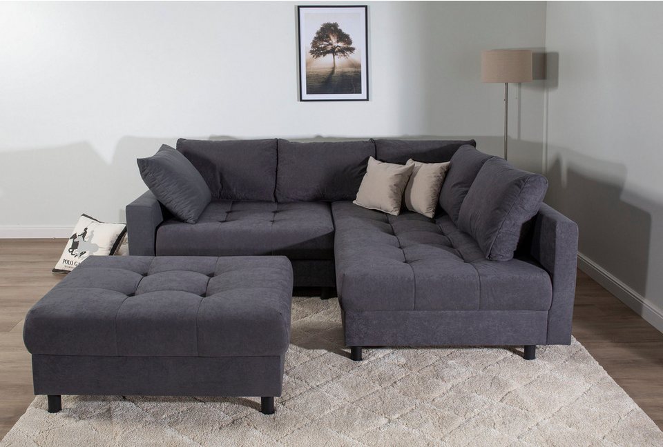 Cord Ecksofa TONI in Anthrazit mit Ottomane und Hocker