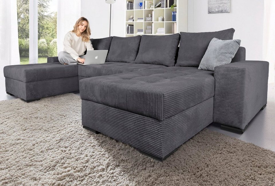 Cord Wohnlandschaft JOSY XL U-Form 313 cm in Anthrazit mit Schlaffunktion