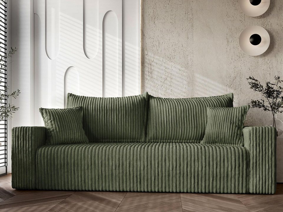 Cord Schlafsofa TILIA in Olivgrün mit Bettkasten