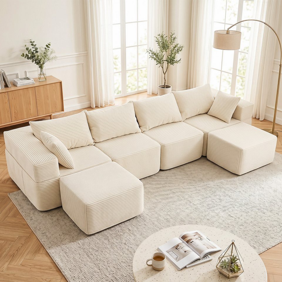 Modulares Cord Ecksofa in Beige mit Schlaffunktion