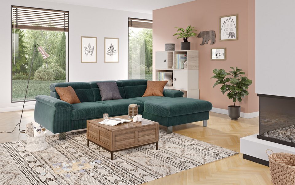 Cord Ecksofa MICKY 244 cm in Grün mit Schlaffunktion