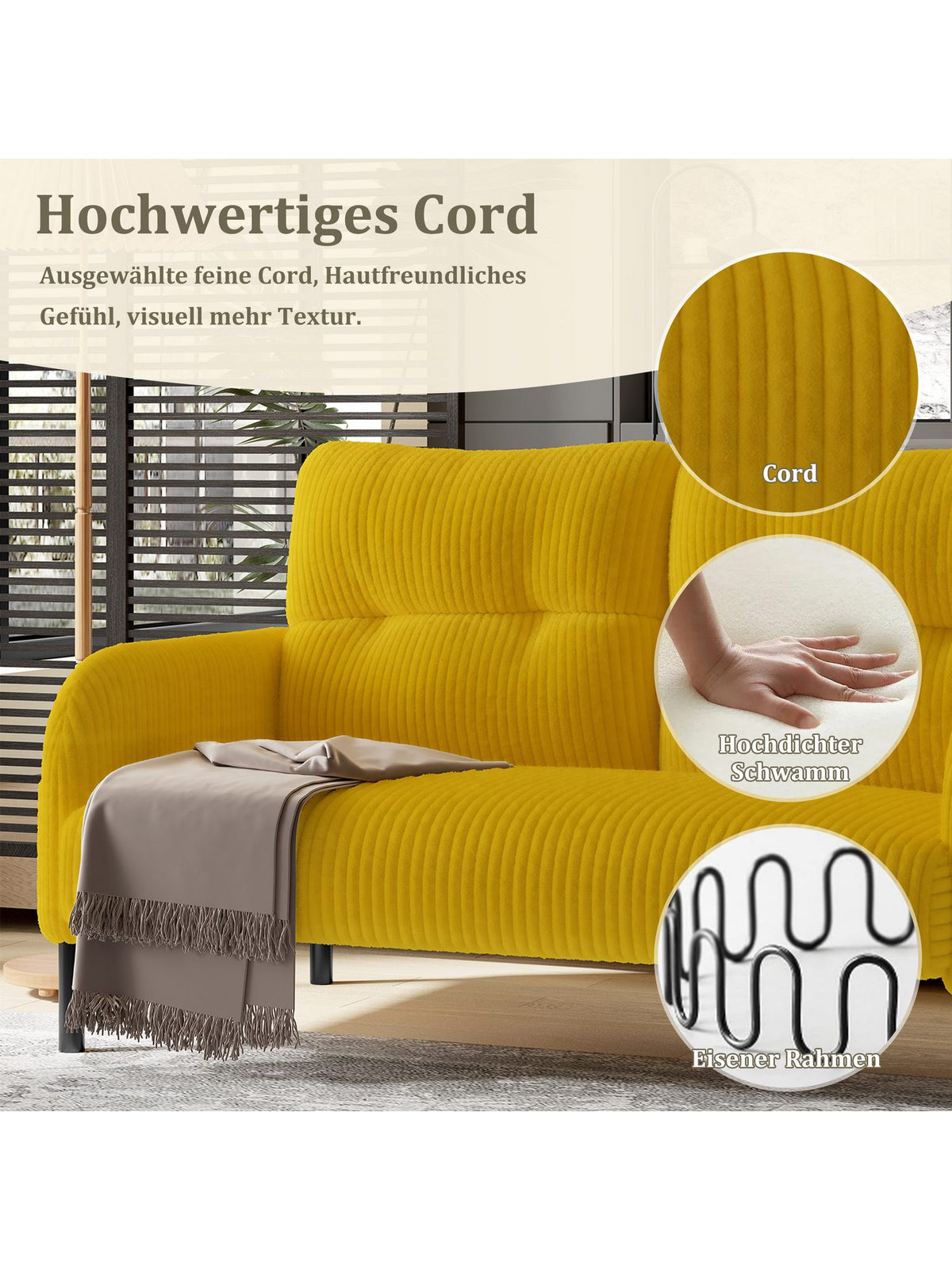 Seitenansicht des Cord Sofas mit Metallgestell