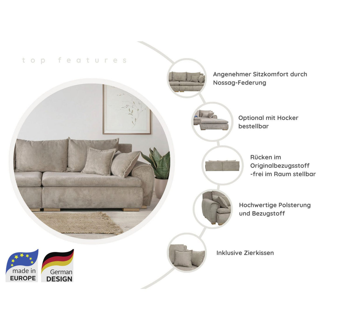Cord Big-Sofa KATJA 275 cm in Taupe Ansicht 5