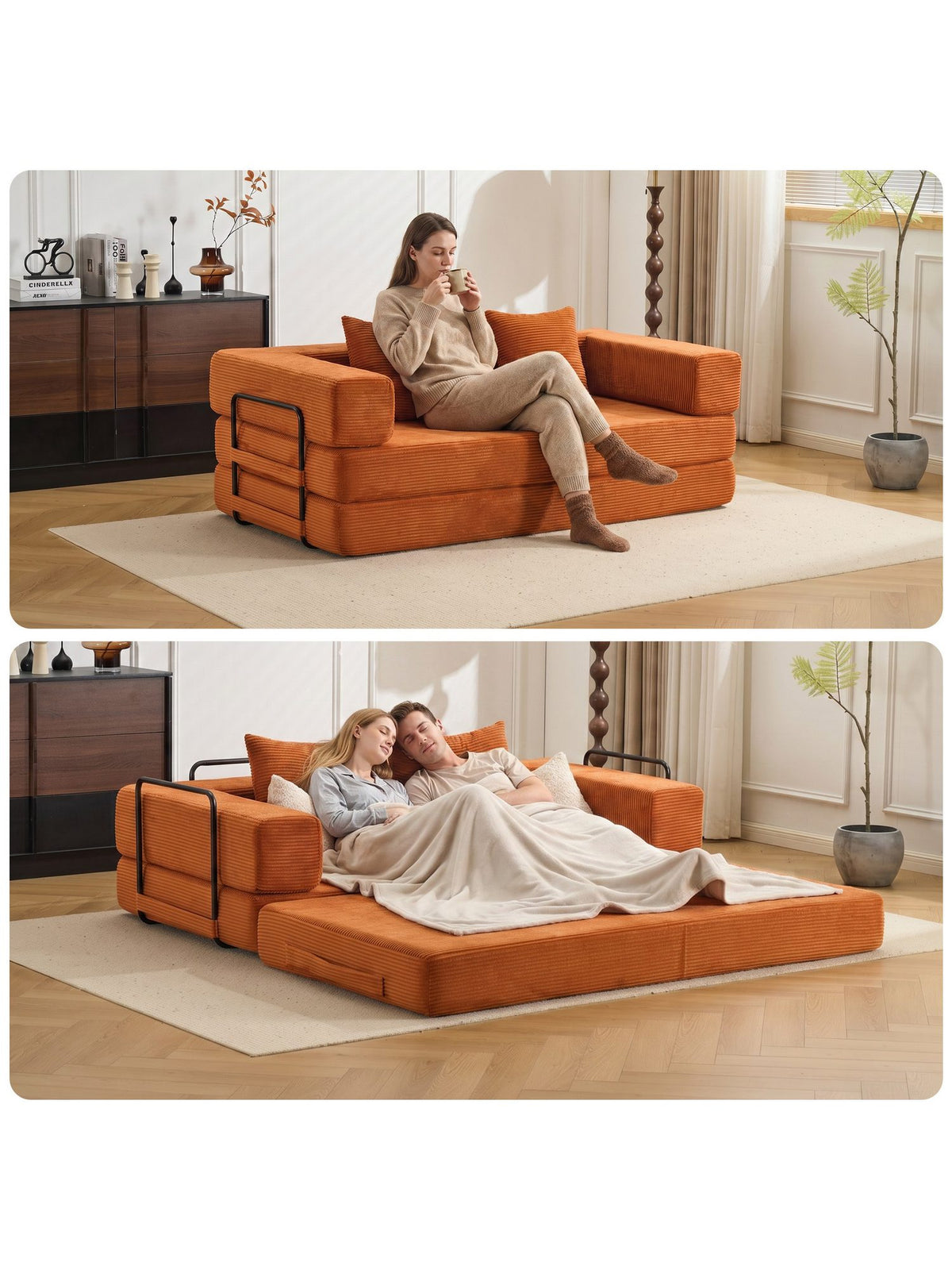 Cord Schlafsofa VANKEL in Orange als Sofa aufgestellt
