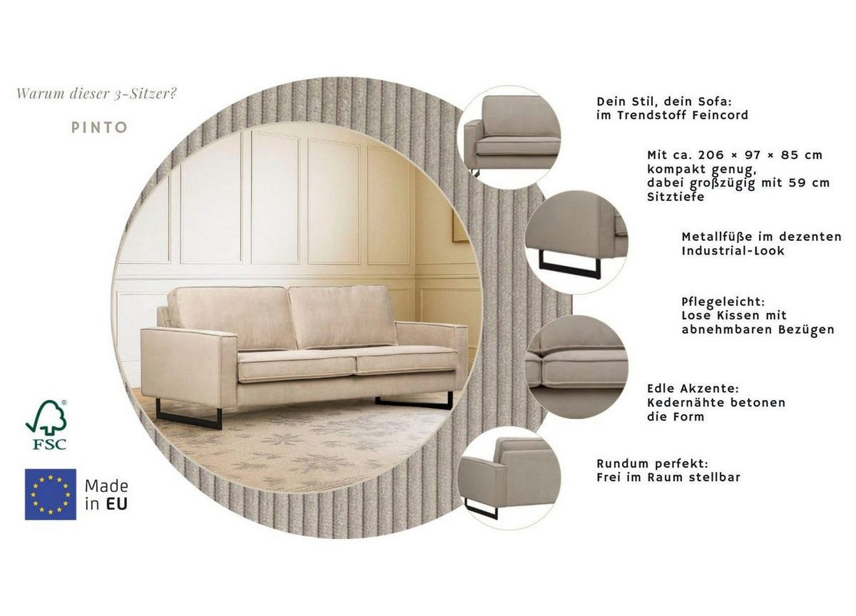 Cord Sofa PINTO im Wohnzimmer frei im Raum gestellt