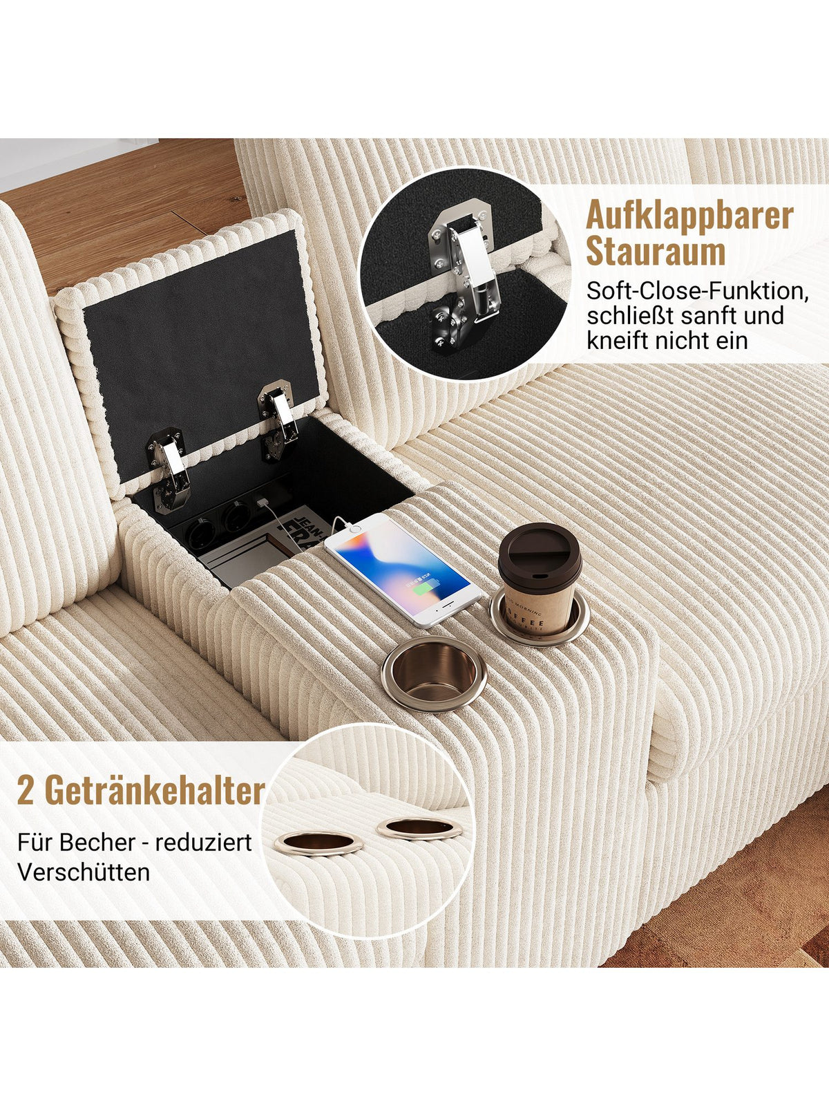Detailansicht des beigen Cordbezugs mit Rippenstruktur
