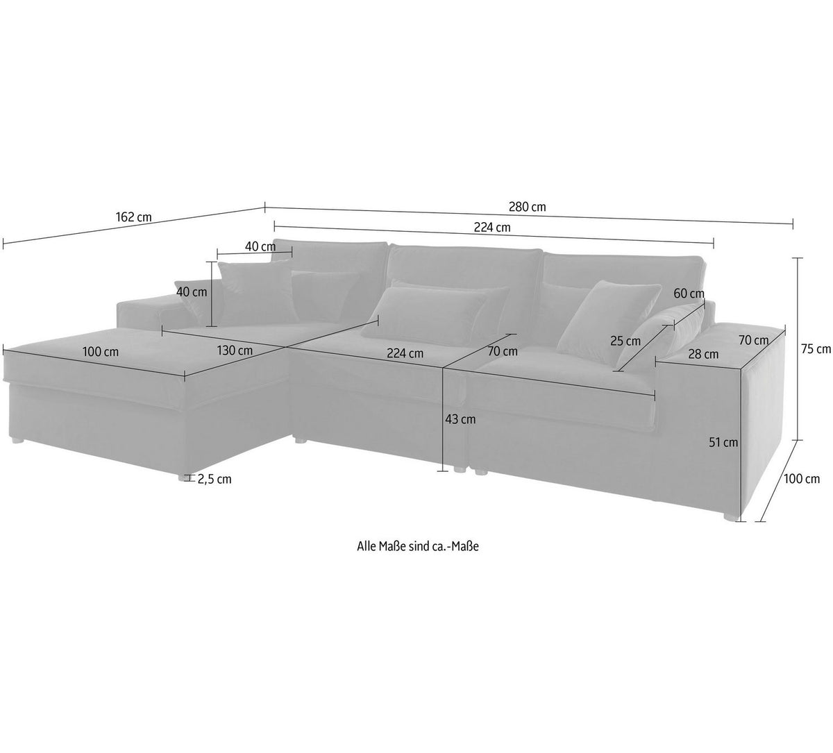Seitenansicht des Ecksofas FLORID mit Ottomane