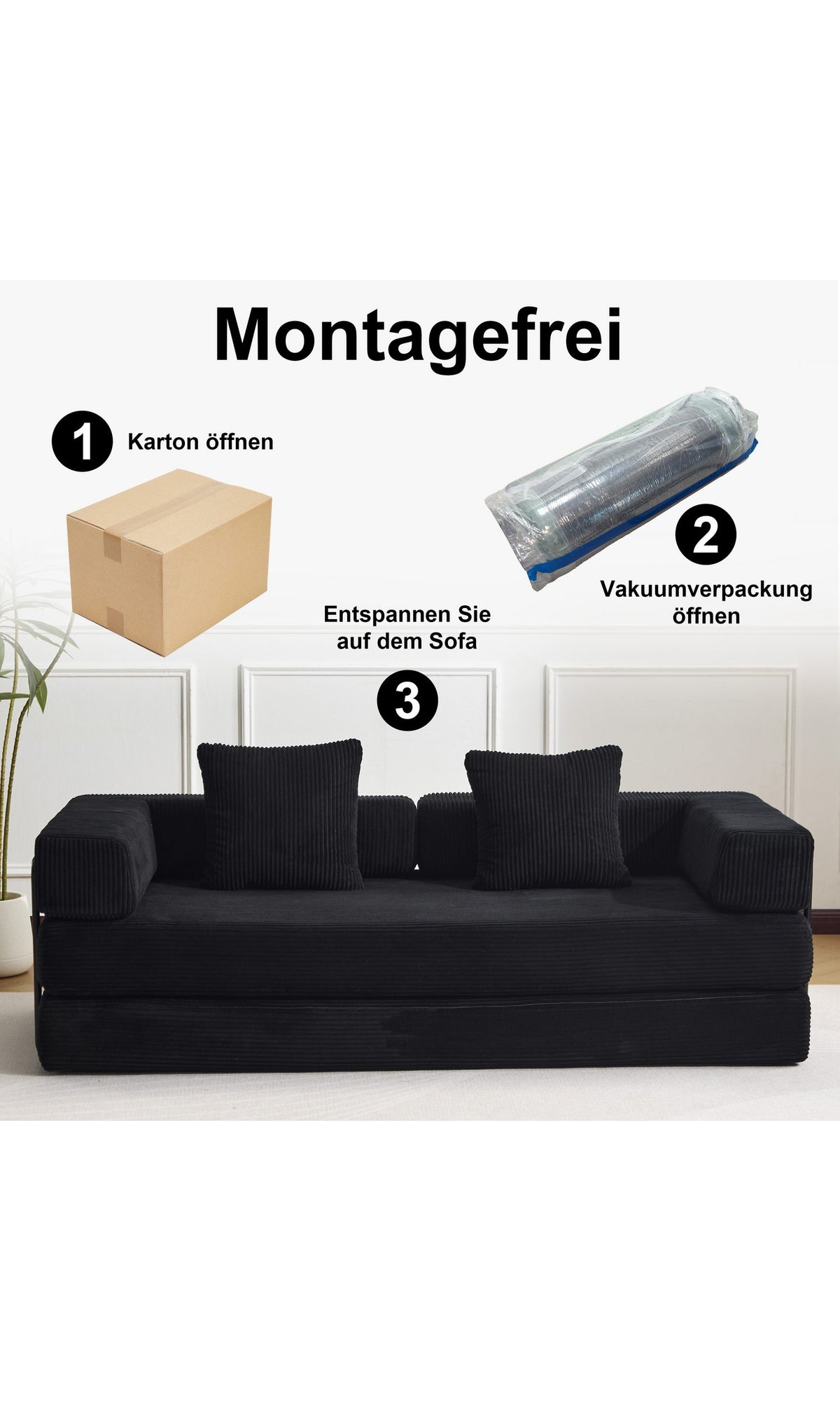 Faltbares Cord Schlafsofa LEAWIN in Schwarz Ansicht 6