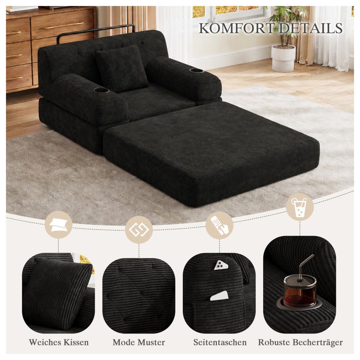 Schwarzes Cord Schlafsofa in Frontansicht