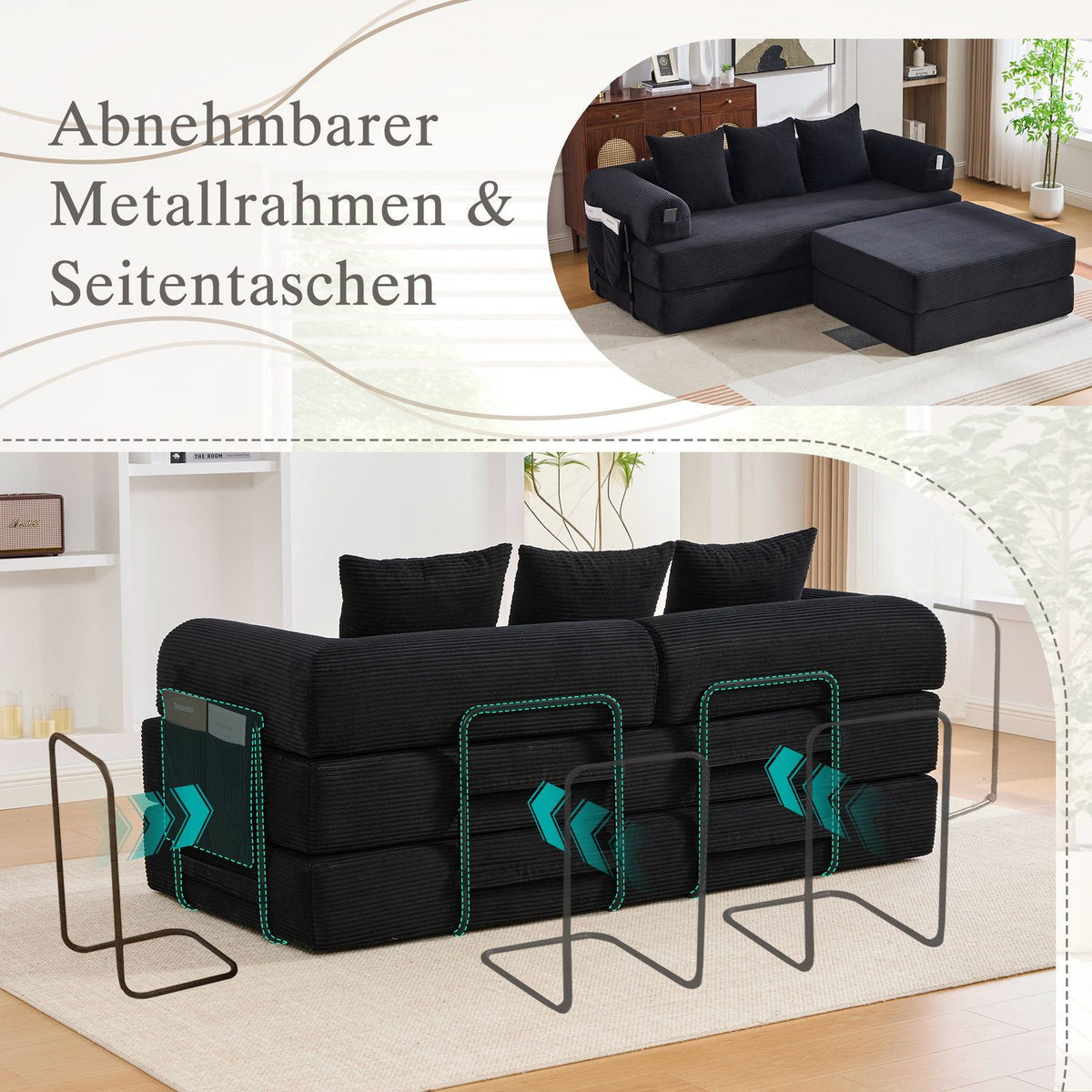Modulares Cord Ecksofa in Schwarz Ansicht der Seitentasche