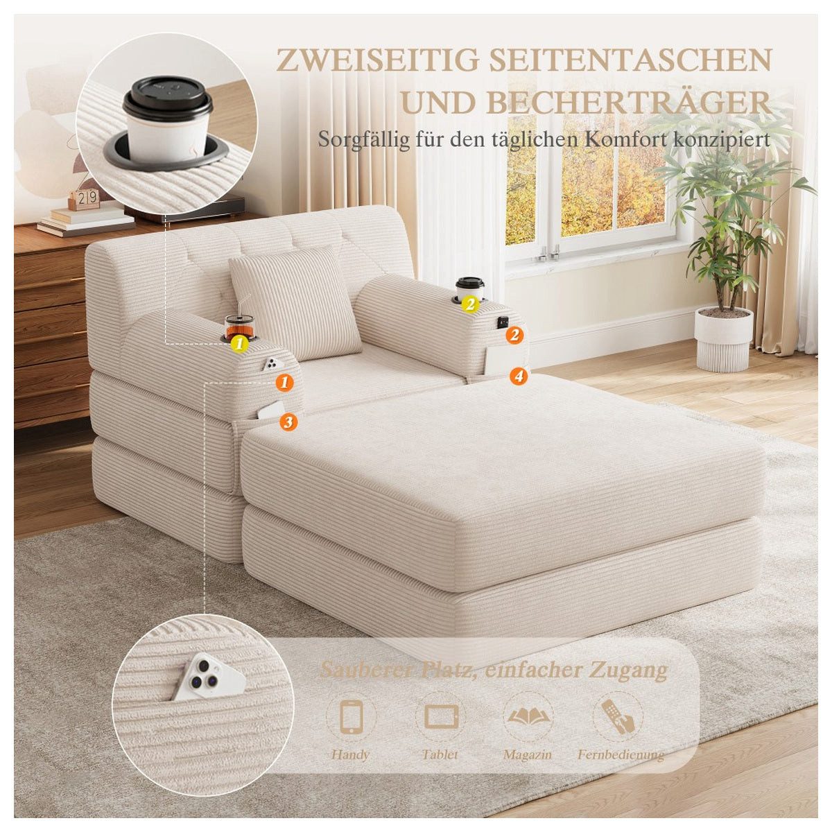 Cord Sofa Beige Detail des Cordbezugs