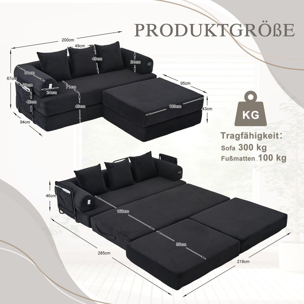 Modulares Cord Ecksofa in Schwarz Gesamtansicht im Raum